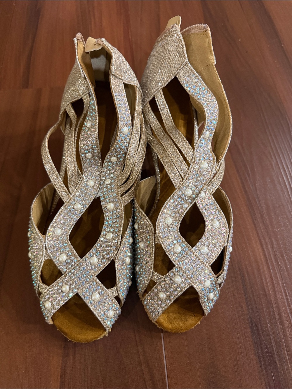 Sparkling Gold Pearl-Embellished Strappy Heels